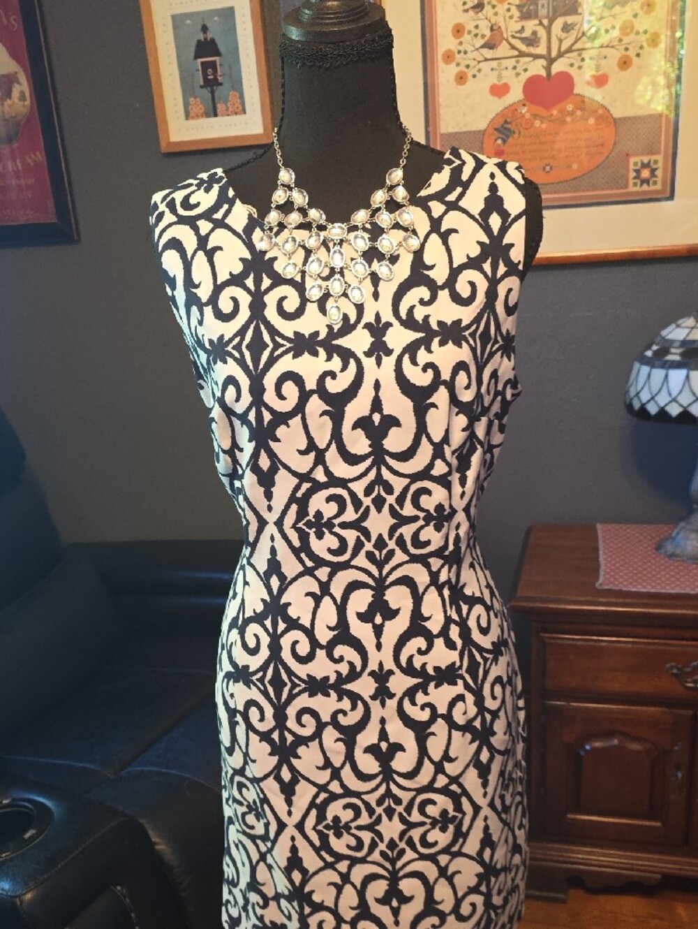 Ronni Nicole Navy and White Patterned Cocktail Dress.